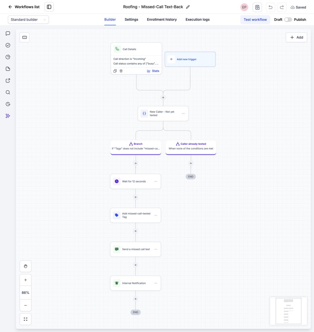 The actual GoHighLevel workflow canvas for this build