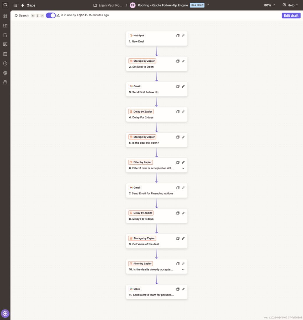 The actual Zapier workflow canvas for this build
