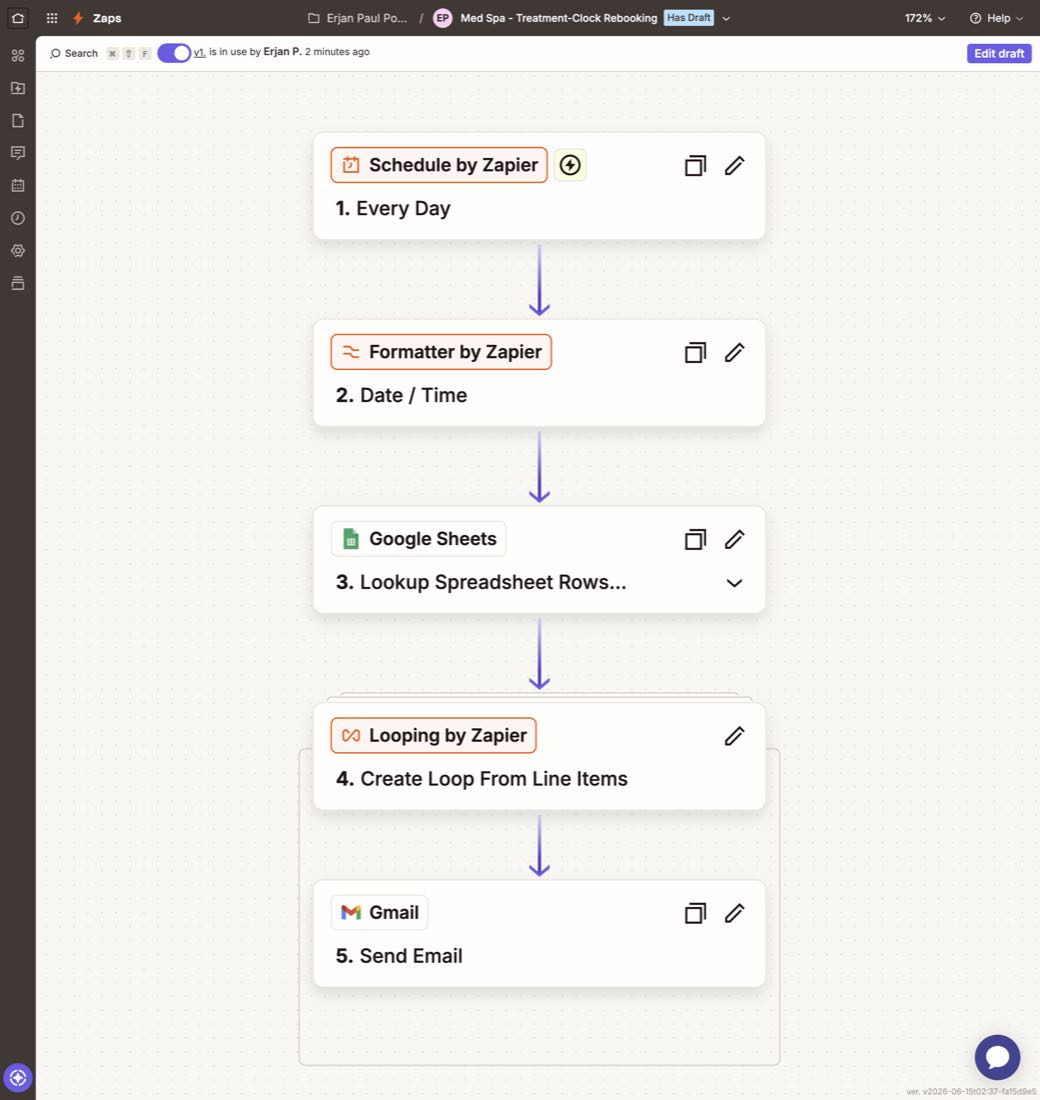 The actual Zapier workflow canvas for this build